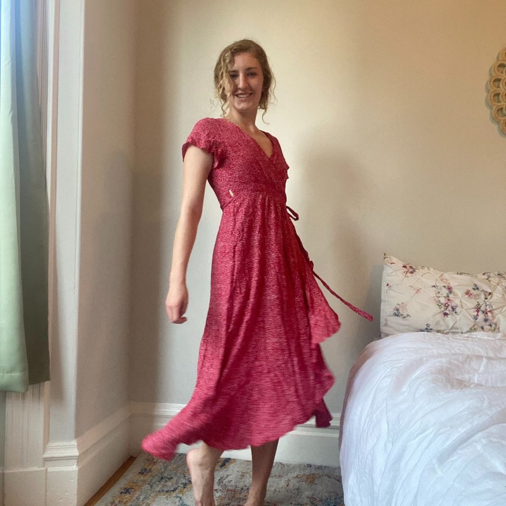 Supremely Cute Red Wrap Midi Dress with Tiny White Flowers! Size M